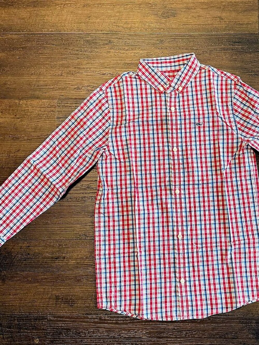 Vineyard Vines Boys S 8/10 Red White Navy Gingham Button Down Whale Logo